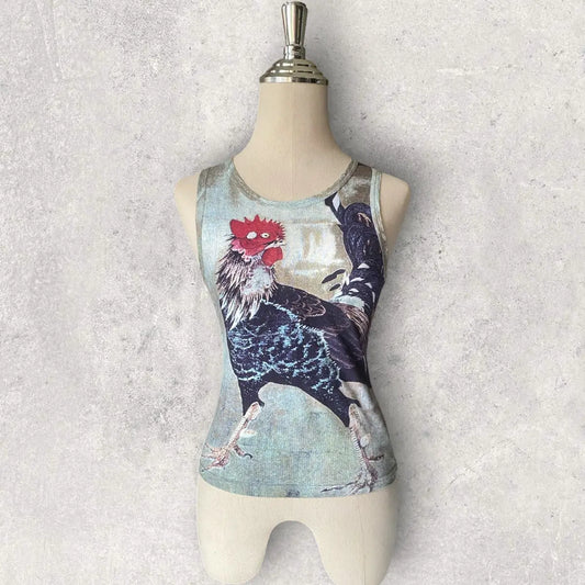 Alexander McQueen - Vintage 90’ Rooster Print Zip-Up Fitted Tank Top