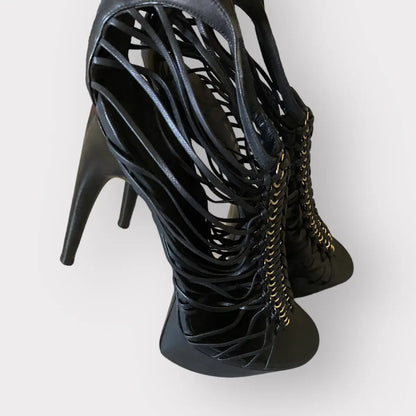 Alexander McQueen - Strappy platform black leather w/gold tone stiletto heels