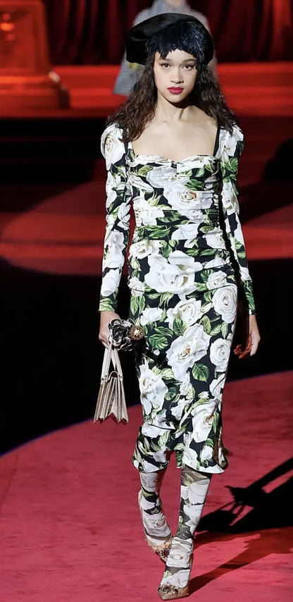 Dolce & Gabbana - Fall19 Floral Print Sweat heart Neck Dress