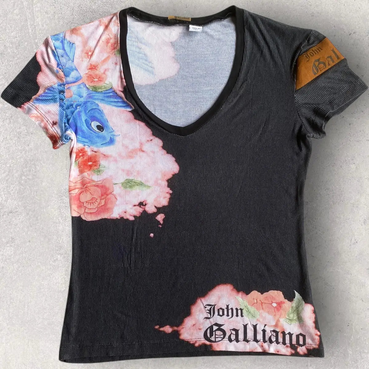 John Galliano - Vintage Rare Koi Fish Silk Blend Micro Ribbed T Shirt