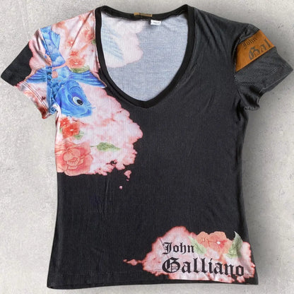 John Galliano - Vintage Rare Koi Fish Silk Blend Micro Ribbed T Shirt