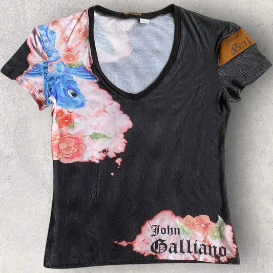 John Galliano - Vintage Rare Koi Fish Silk Blend Micro Ribbed T Shirt