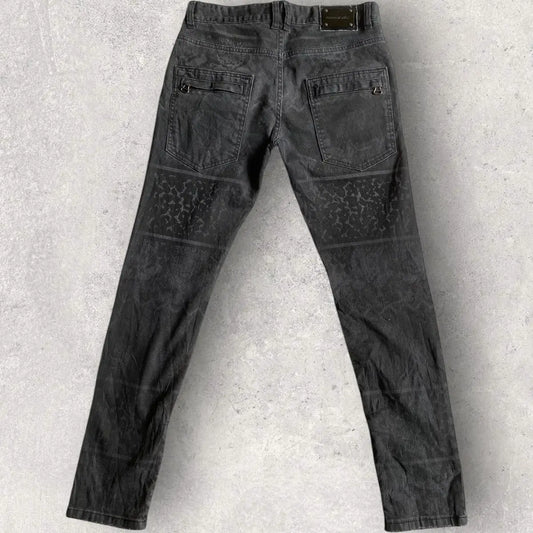 Balmain - Animal Print Black Wash Biker Denim