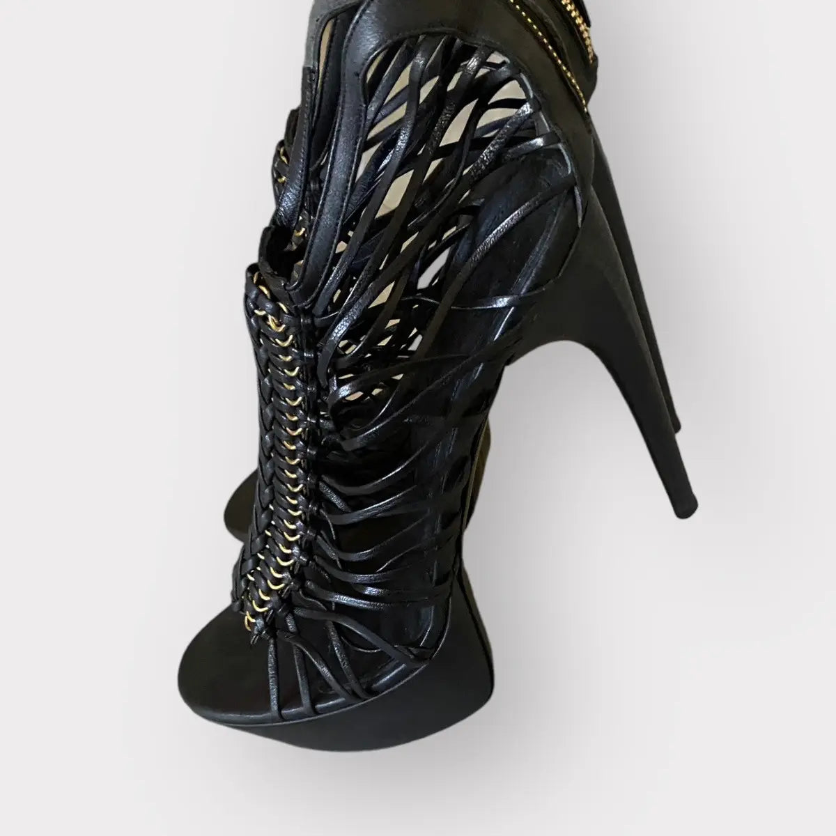 Alexander McQueen - Strappy platform black leather w/gold tone stiletto heels