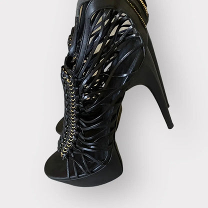 Alexander McQueen - Strappy platform black leather w/gold tone stiletto heels