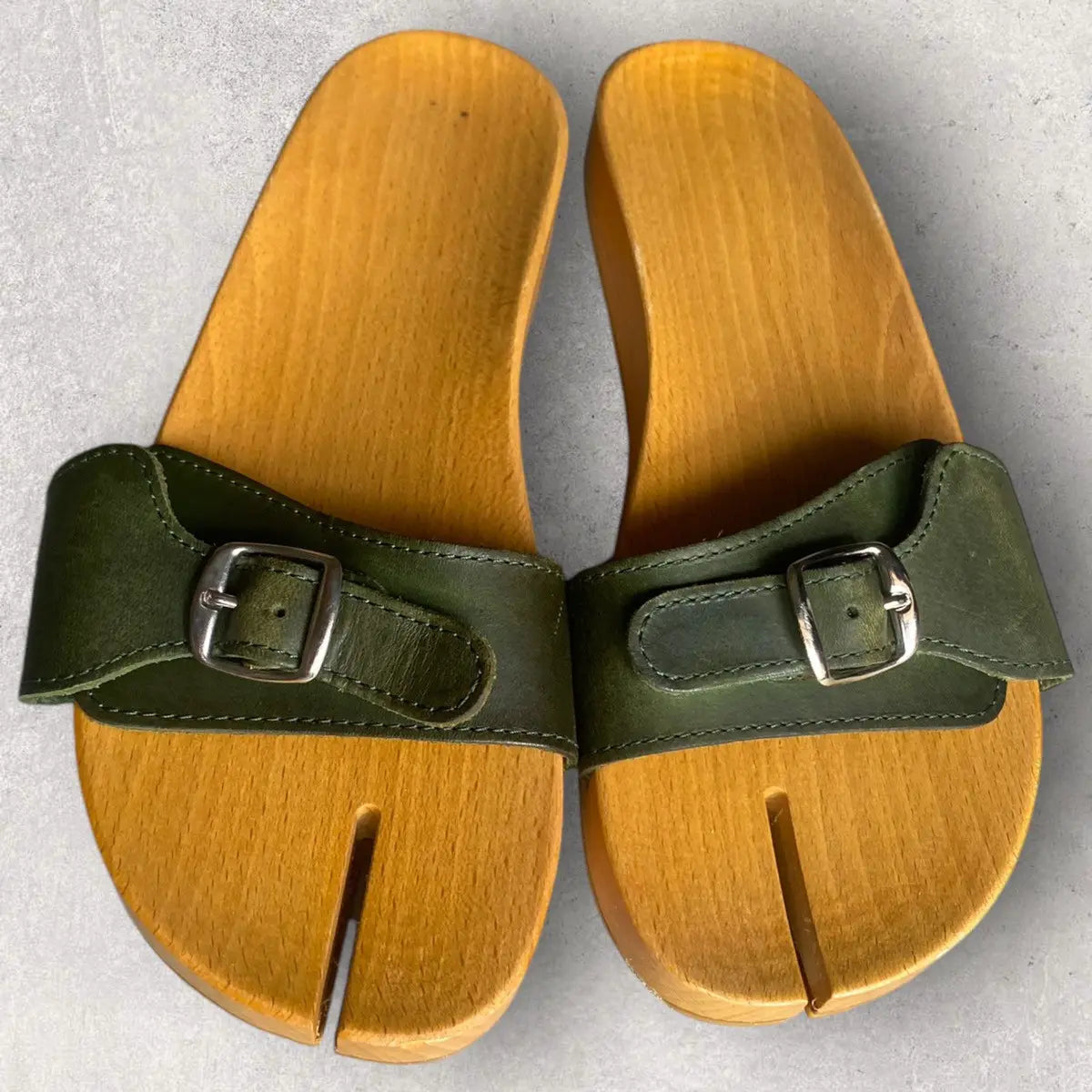 Maison Margiela - SS05 MM6 wood tabi clogs with green leather straps