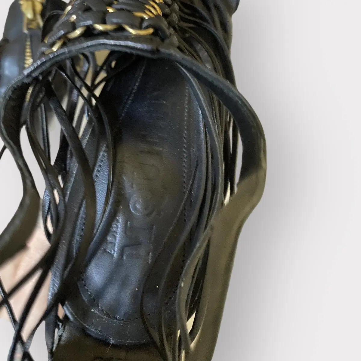 Alexander McQueen - Strappy platform black leather w/gold tone stiletto heels